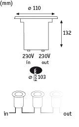 Dessin technique d'un boîtier de luminaire encastré de 110 mm de diamètre et 132 mm de hauteur