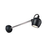 Black LED wall light with adjustable head and silver metal arm for modern indoor lighting