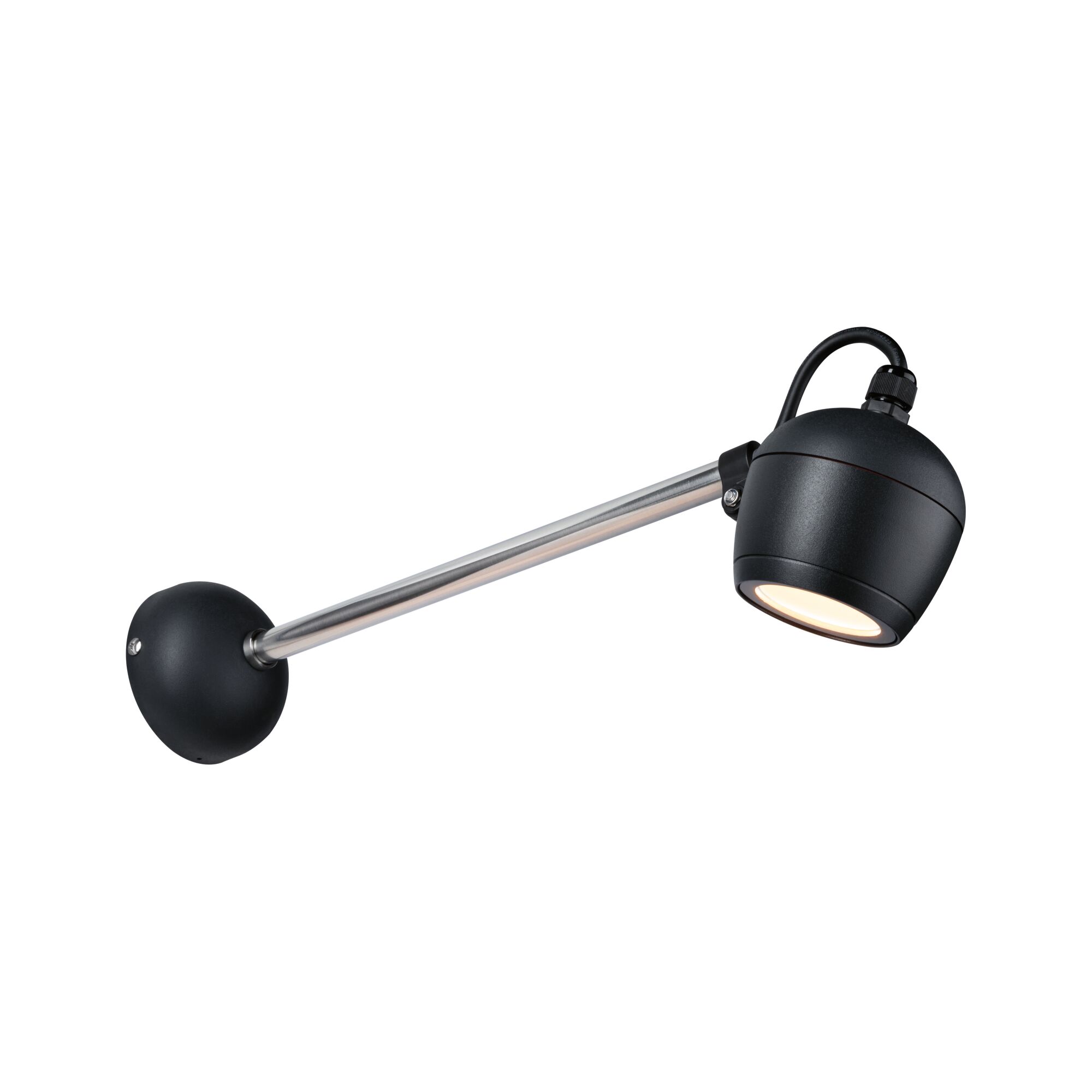 Black LED wall light with adjustable head and silver metal arm for modern indoor lighting