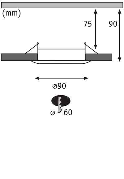 Technische tekening met afmetingen van inbouwverlichting met 90 mm diameter en 75 mm inbouwdiepte