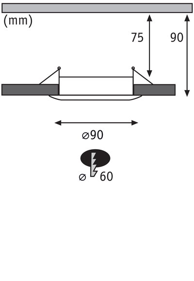 Technische tekening met afmetingen van inbouwverlichting met 90 mm diameter en 75 mm inbouwdiepte