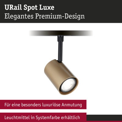 URail Spot Luxe Strahler in mattem Gold mit schwarzem Halter für elegantes Premium-Design