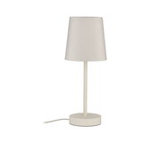 Simple table lamp with beige fabric shade and cream white metal base for home lighting