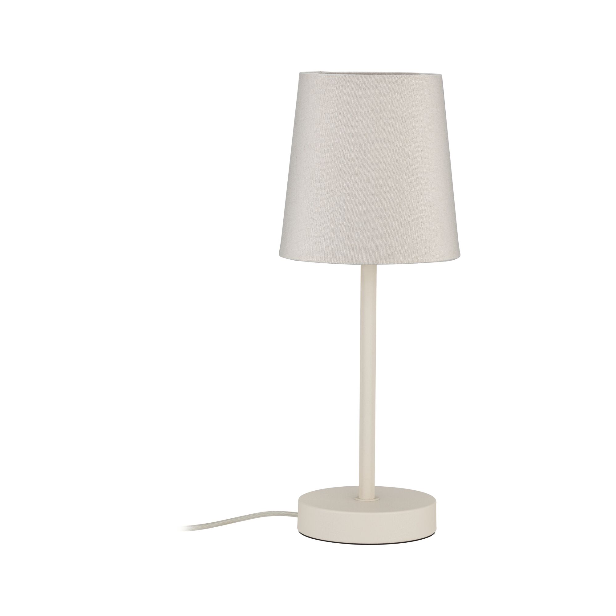 Lampe de table simple avec abat-jour en tissu beige et base en métal blanc crème pour éclairage intérieur