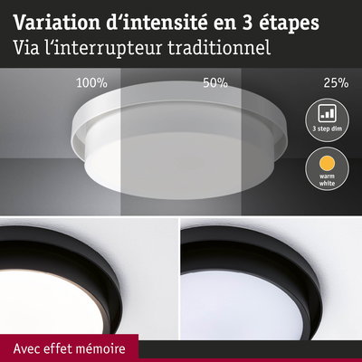 Plafonnier rond blanc et noir avec variation d'intensité en 3 étapes et lumière blanc chaud