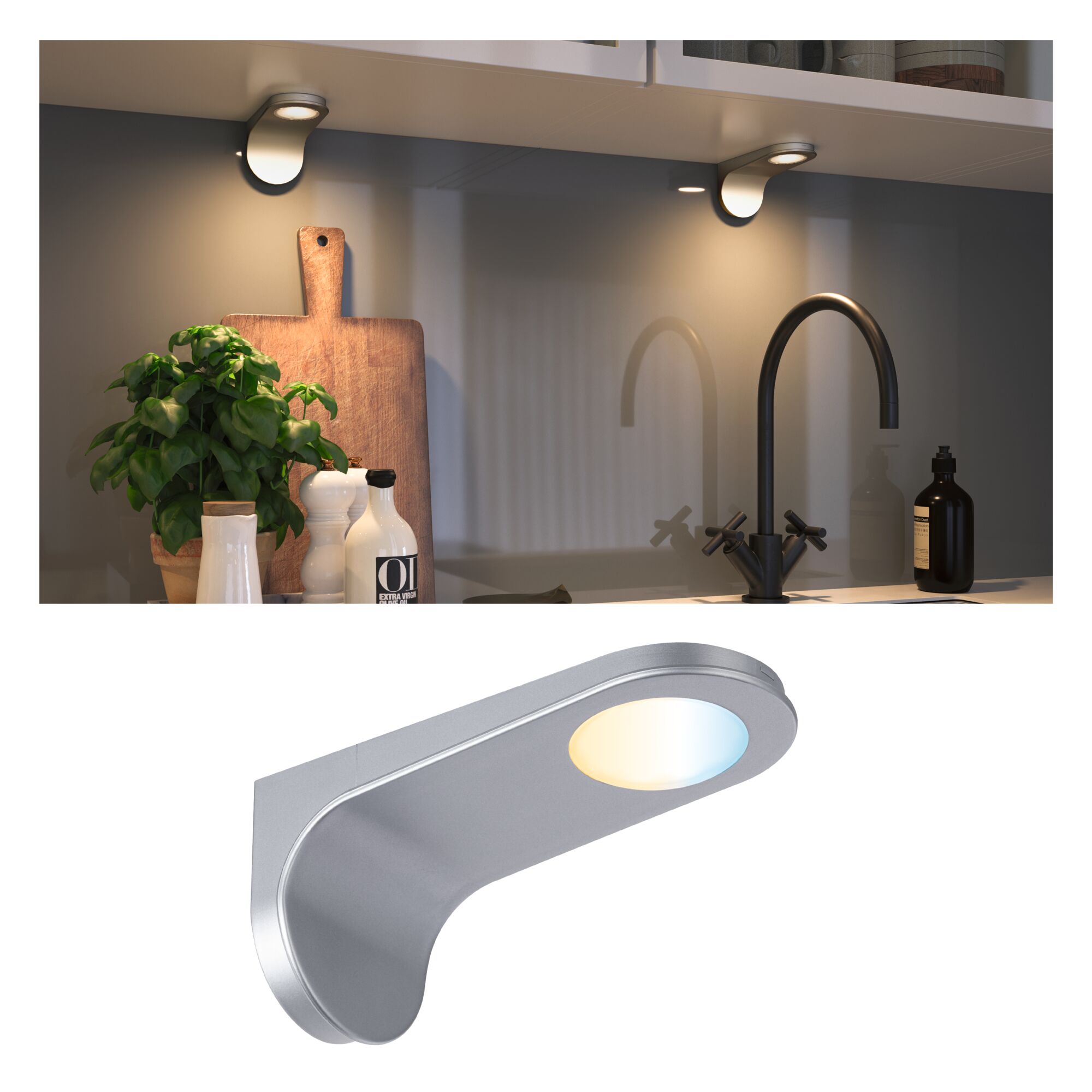 Clever Connect LED Spot Neda Tunable White 2,1W Chrom matt Moderner silberner LED-Unterbauleuchte mit warmweißem Licht für Küchenarbeitsflächen.