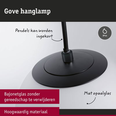 Zwarte Gove hanglamp met mat opaalglas, IP44, pendel inkortbaar zonder gereedschap
