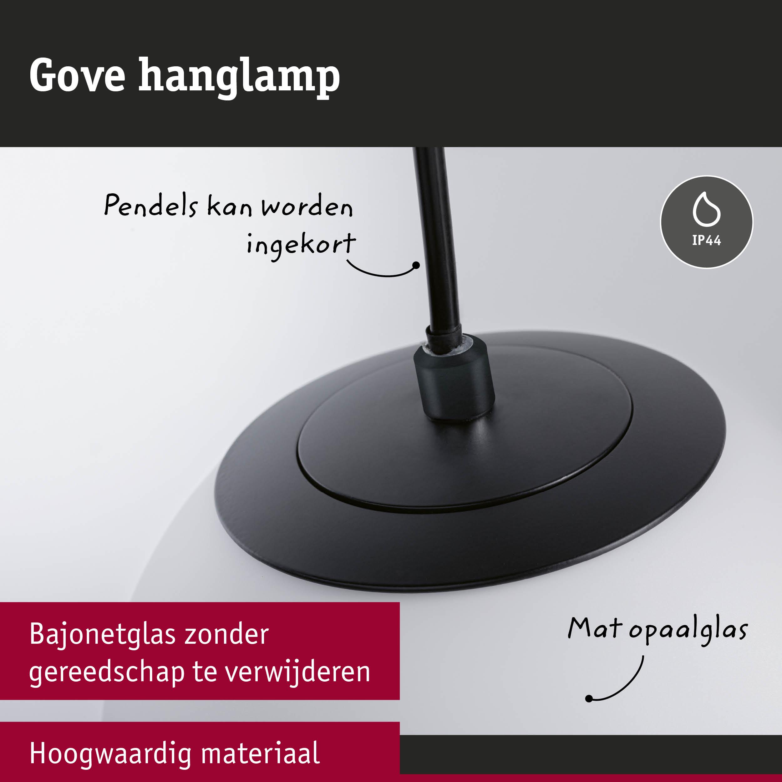 Zwarte Gove hanglamp met mat opaalglas, IP44, pendel inkortbaar zonder gereedschap