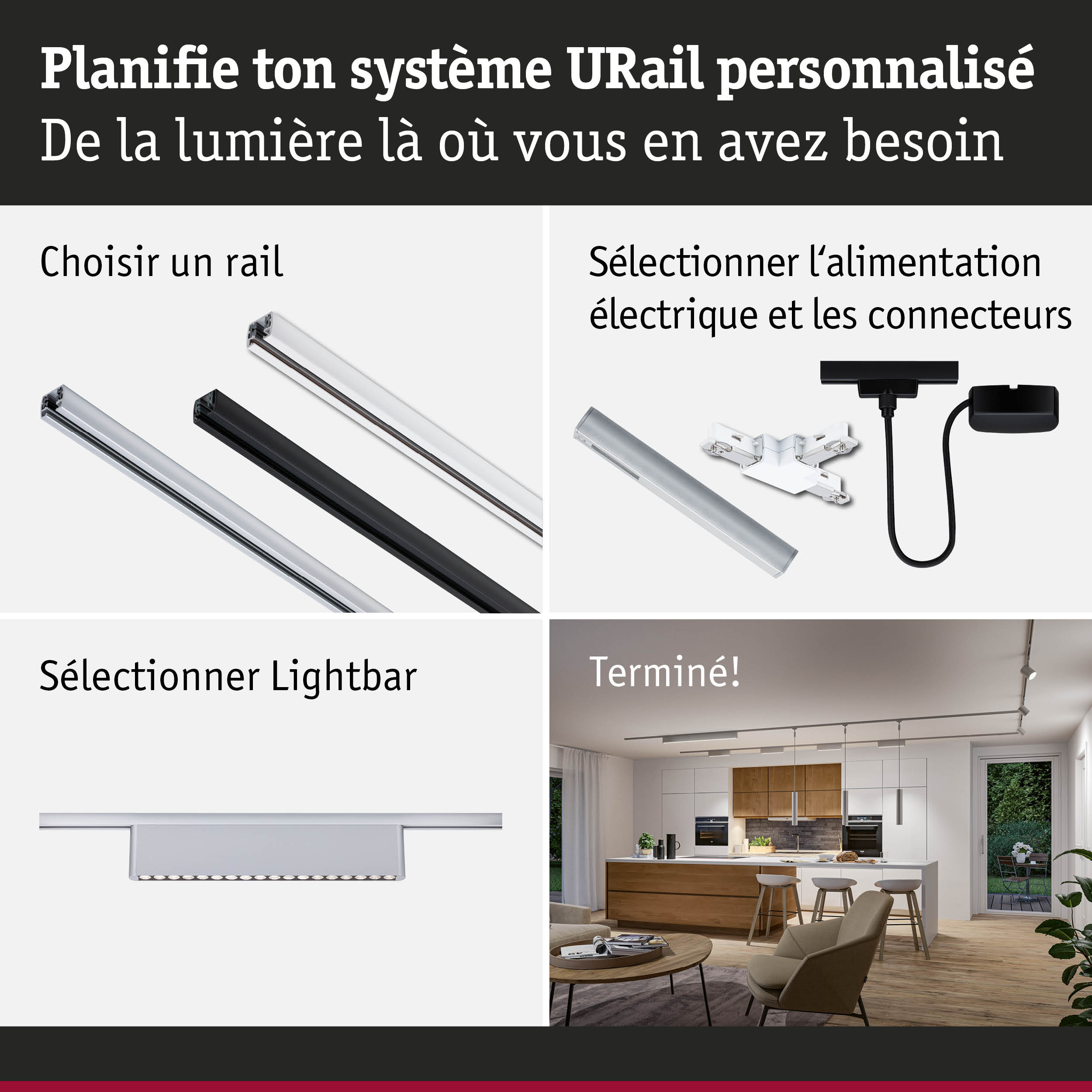 Système de rail URail modulaire en aluminium noir et blanc pour éclairage LED flexible.