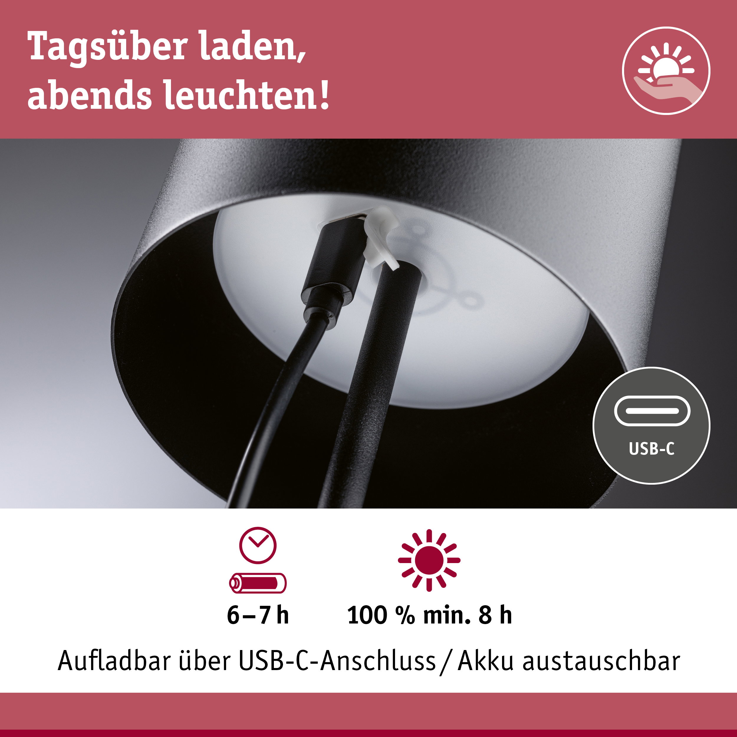 Schwarze Lampe mit USB-C-Ladekabel, aufladbar und Akku austauschbar für lange Leuchtdauer