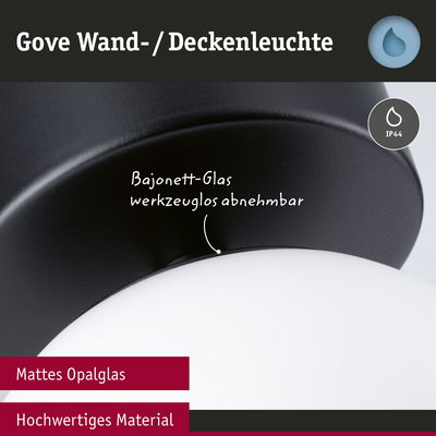 Gove Wand- und Deckenleuchte mit mattem Opalglas und schwarzem Gehäuse, IP44 Schutz für Feuchträume