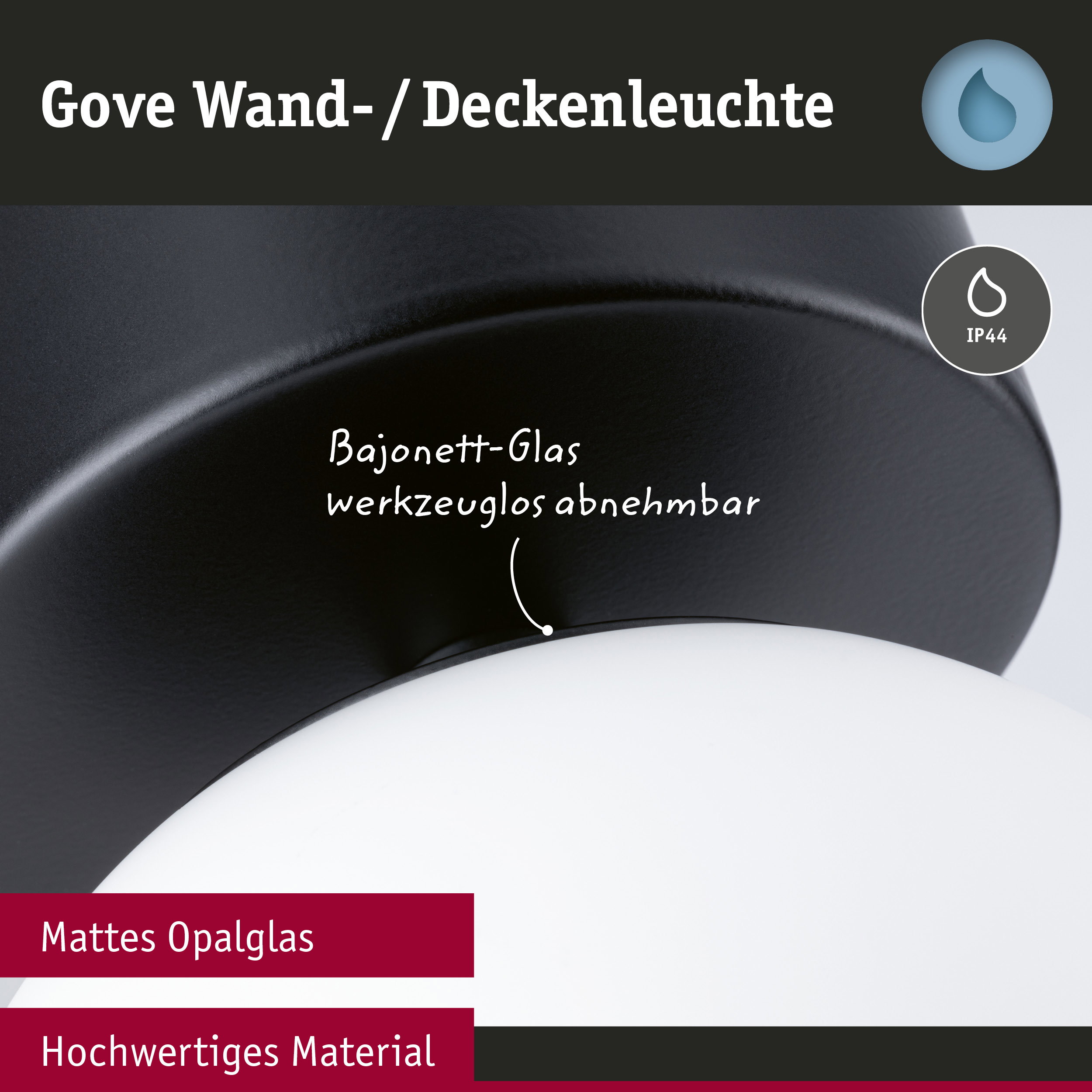Gove Wand- und Deckenleuchte mit mattem Opalglas und hochwertigem schwarzem Material, IP44 Schutz