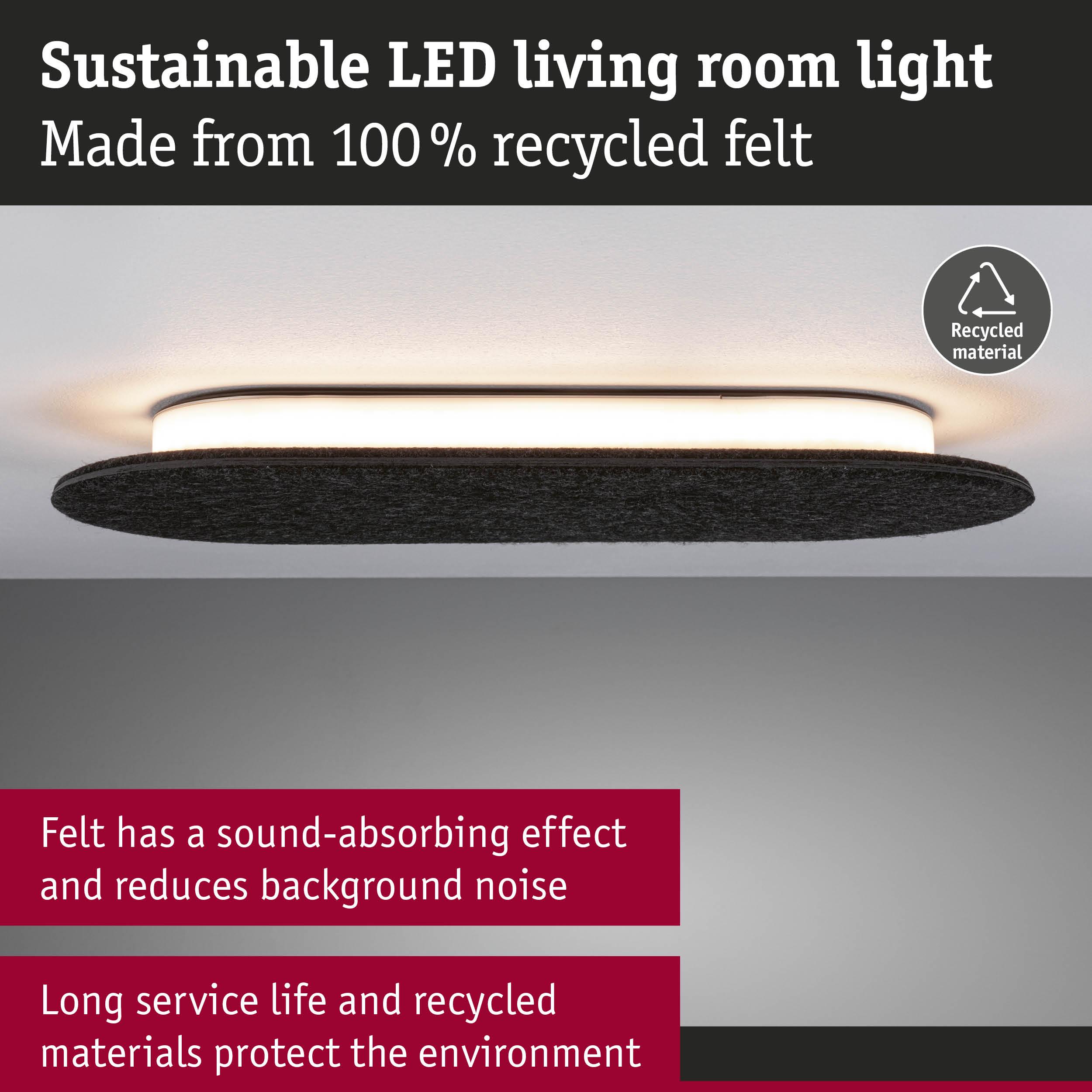 Sustainable LED ceiling light made from 100% recycled dark grey felt with sound-absorbing properties