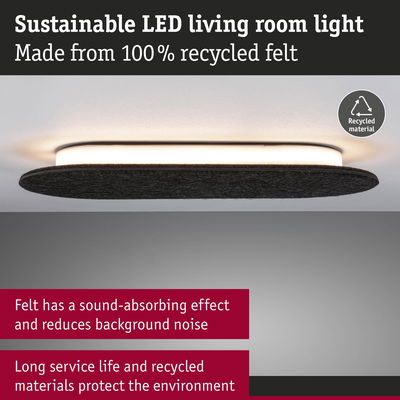Sustainable LED ceiling light made from 100% recycled dark grey felt with sound-absorbing properties