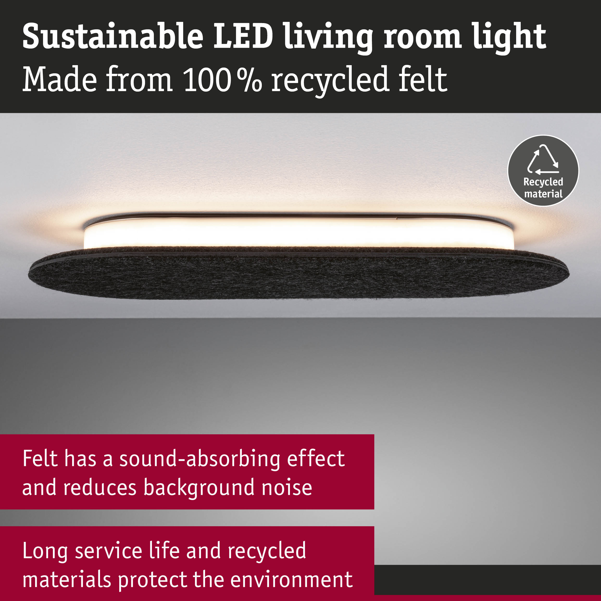 Sustainable black felt LED ceiling light made from 100% recycled material with sound absorption