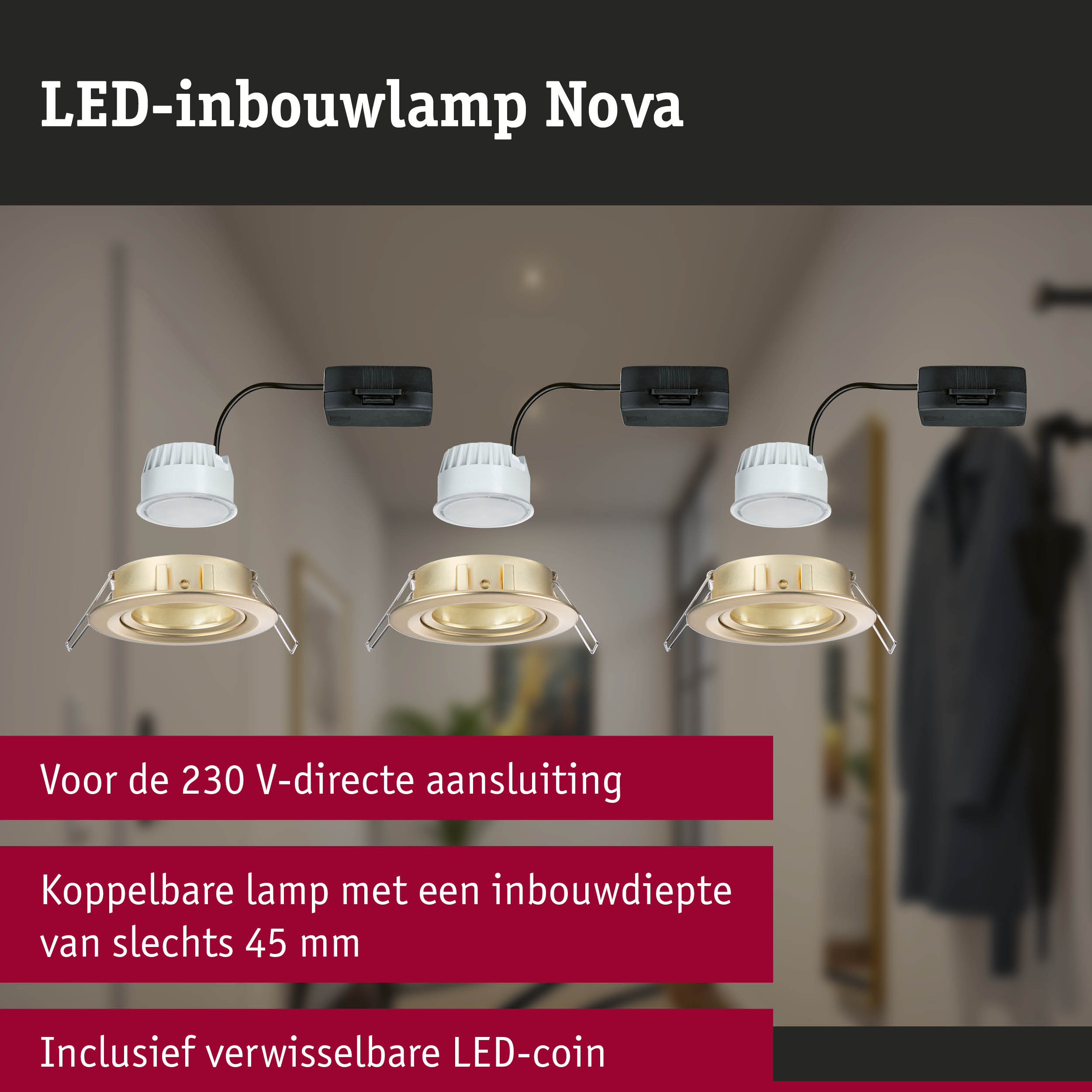 LED-inbouwlamp Nova wit met gouden rand, 230V directe aansluiting, inclusief verwisselbare LED-coin