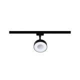 Black LED spotlight with round white diffuser on track system for modern room lighting
