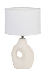 Modern table lamp with white fabric shade and cream ceramic base featuring hole design