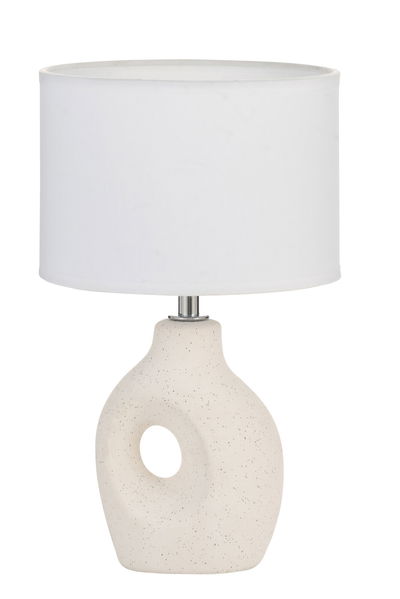 Modern table lamp with white fabric shade and cream ceramic base featuring hole design