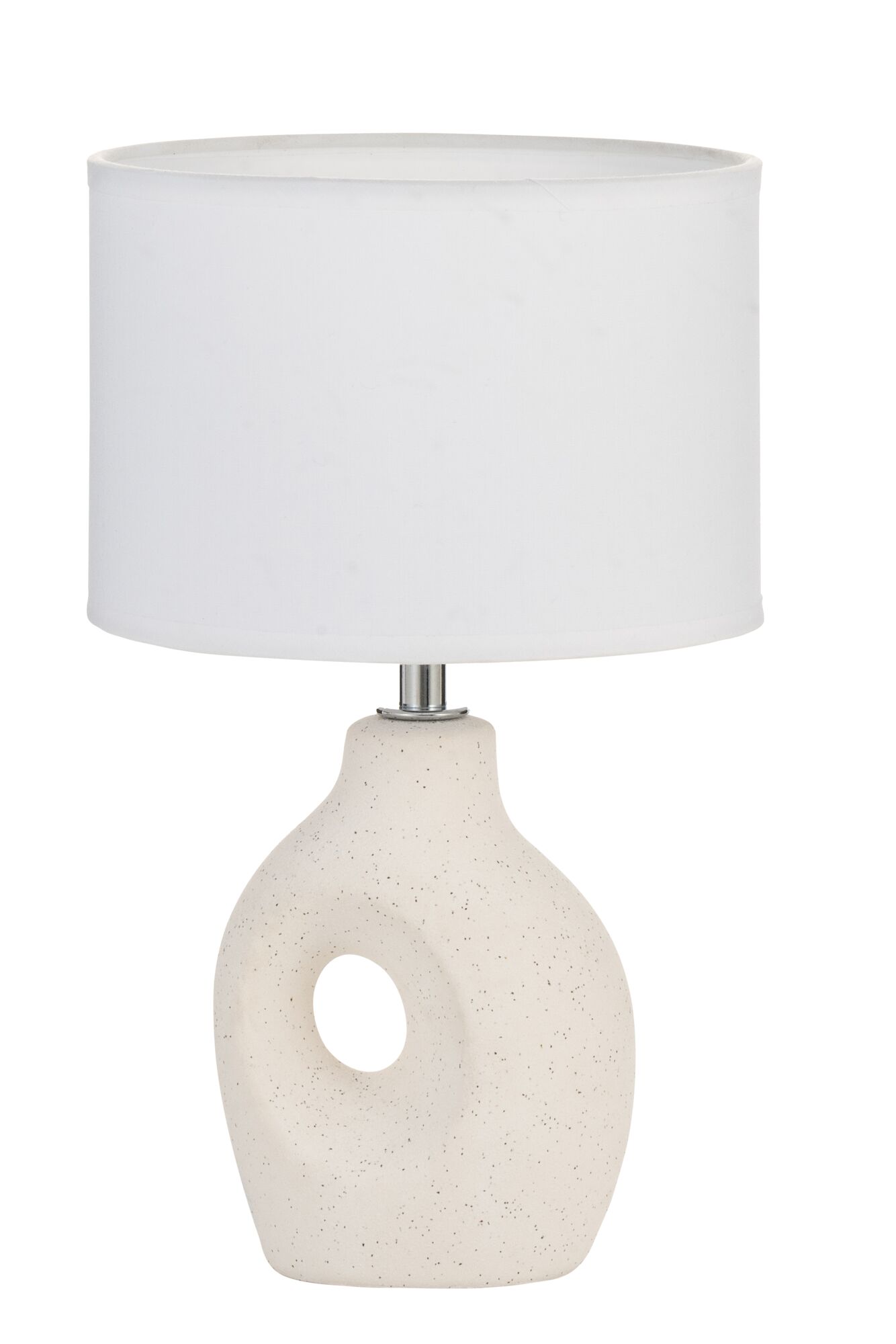 Moderne bordlampe med hvid stofskærm og cremefarvet keramisk fod med huldesign