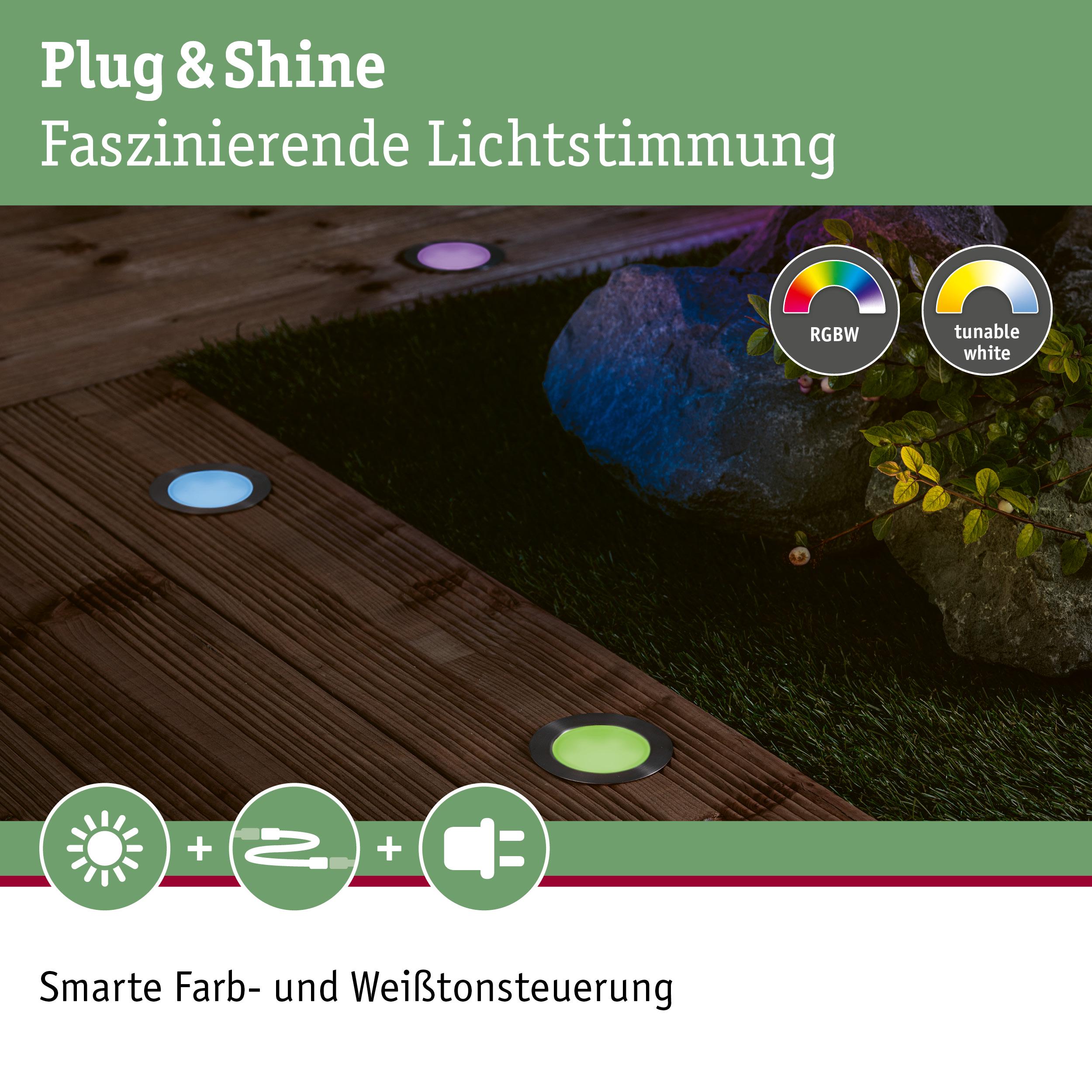 LED Bodeneinbauleuchten in verschiedenen Farben auf Holzterrasse mit smarter Farb- und Weißtonsteuerung