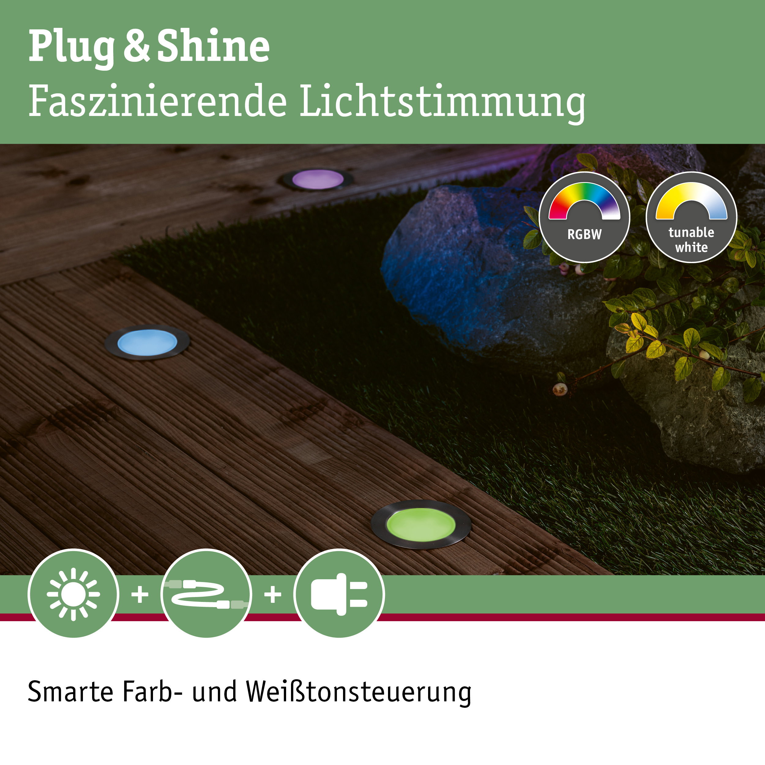Plug & Shine LED Bodeneinbauleuchten in RGBW und einstellbarem Weiß für stimmungsvolle Gartenbeleuchtung