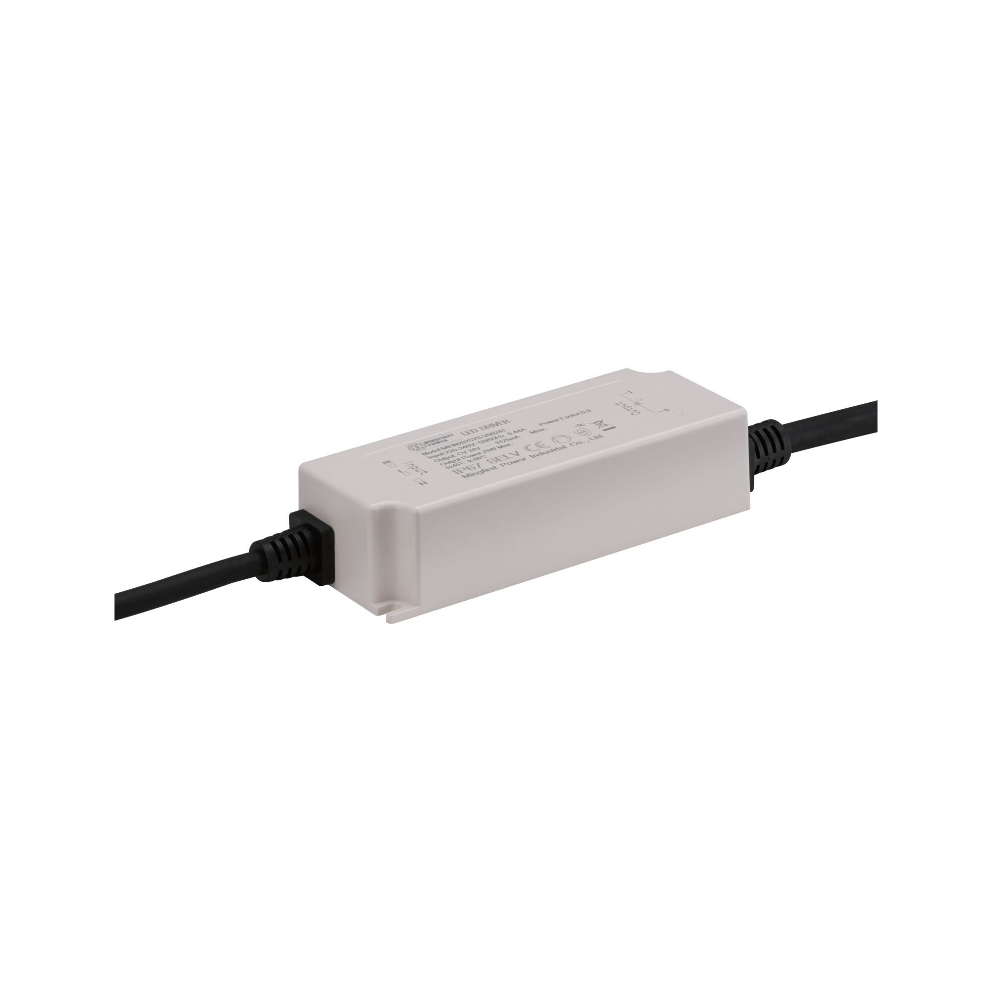 White LED driver housing with black cable, rectangular shape for LED lighting systems
