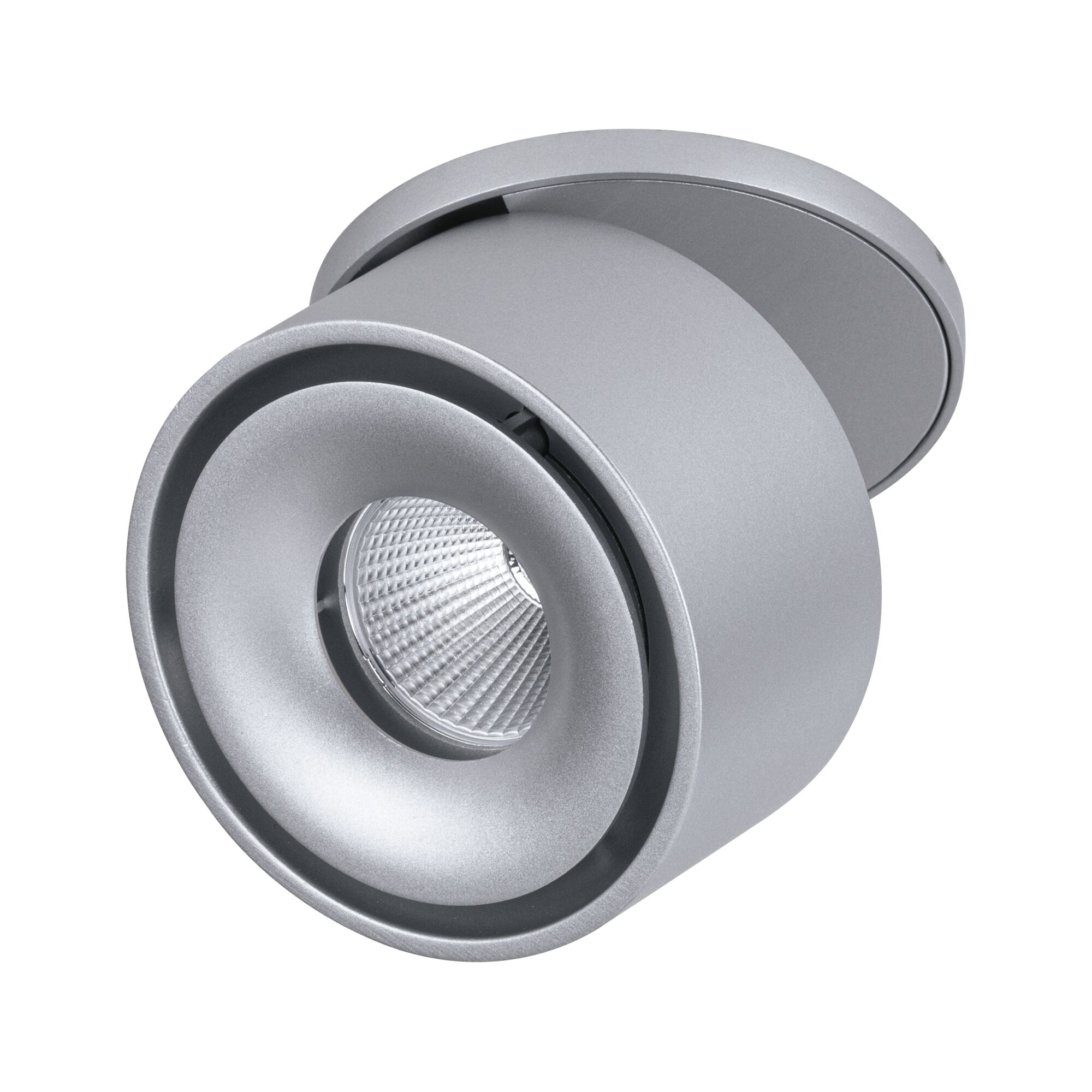 Moderner silberner LED-Deckenspot aus Metall mit einstellbarem Lichtwinkel für Wohnräume