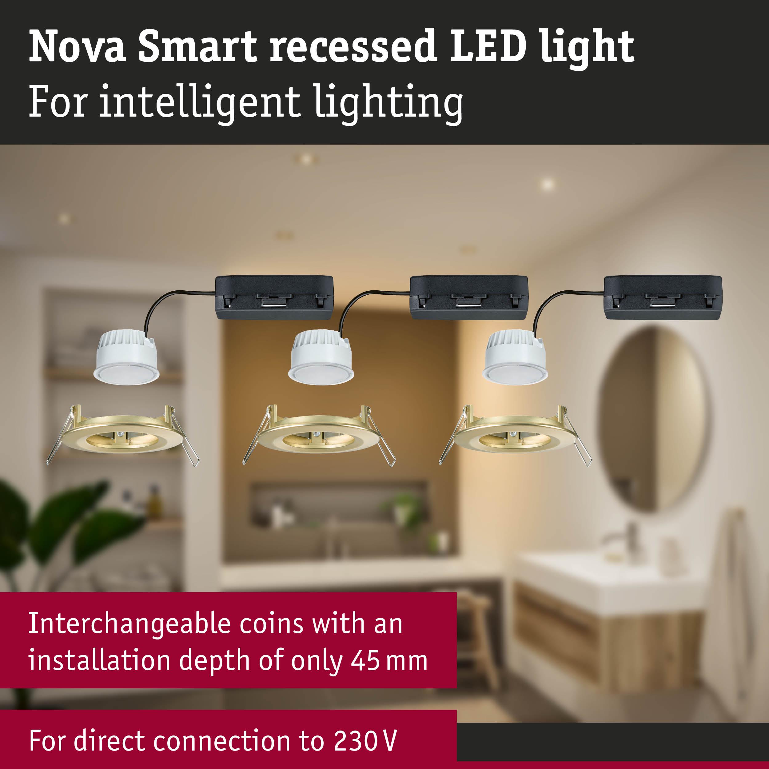 Nova Smart recessed LED light with gold frame and 45 mm installation depth for smart home lighting