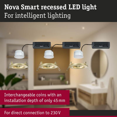 Nova Smart recessed LED light with gold frame and 45 mm installation depth for smart home lighting