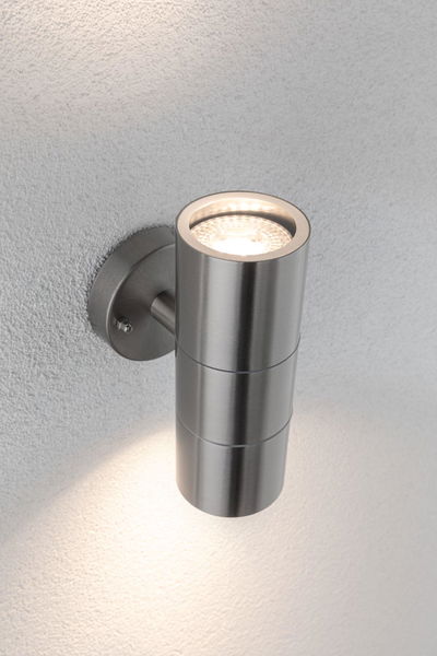 Modern stainless steel wall light with cylindrical design and warm white LED for indoor and outdoor use