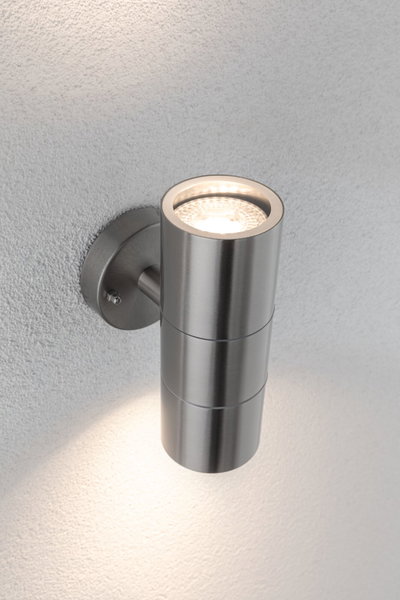 Moderne væglampe i rustfrit stål med cylindrisk design og varmt hvidt LED-lys til indendørs og udendørs brug