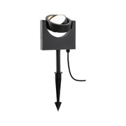 Black metal LED outdoor spotlight with ground spike for garden lighting and accent illumination