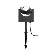 Black metal LED outdoor spotlight with ground spike for garden lighting and accent illumination