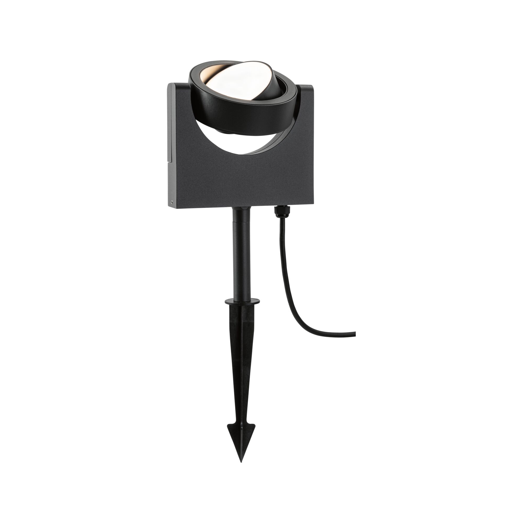 Black metal LED outdoor spotlight with ground spike for garden lighting and accent illumination
