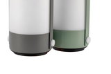 Two modern LED lamps with white glass and grey and green metal bases for indoor lighting