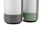 Two modern LED lamps with white glass and grey and green metal bases for indoor lighting