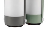 Two modern LED table lamps with white plastic shade and grey and green metal base for home lighting