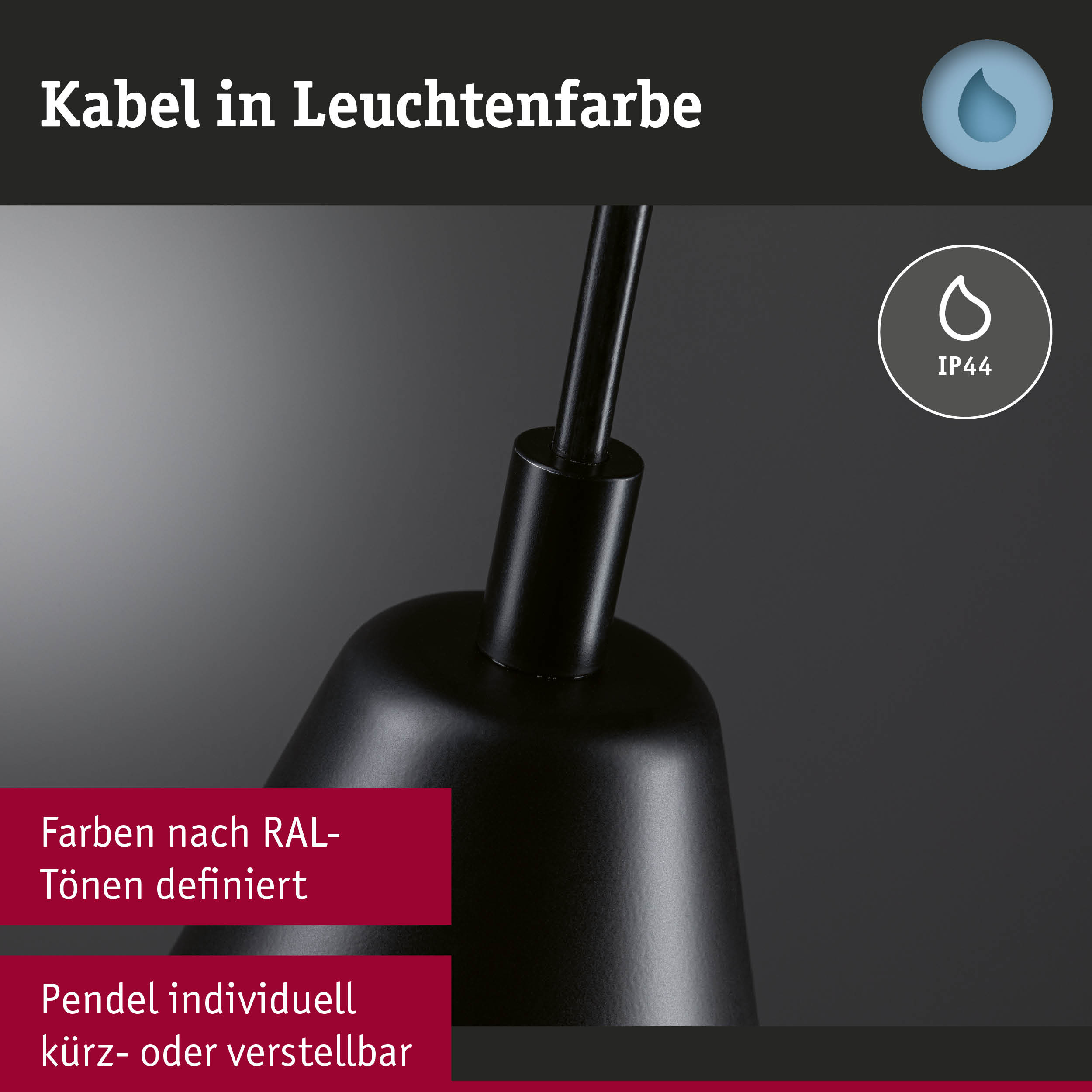 Schwarzes Pendellicht mit IP44 Schutz und Kabel in Leuchtenfarbe, individuell verstellbar