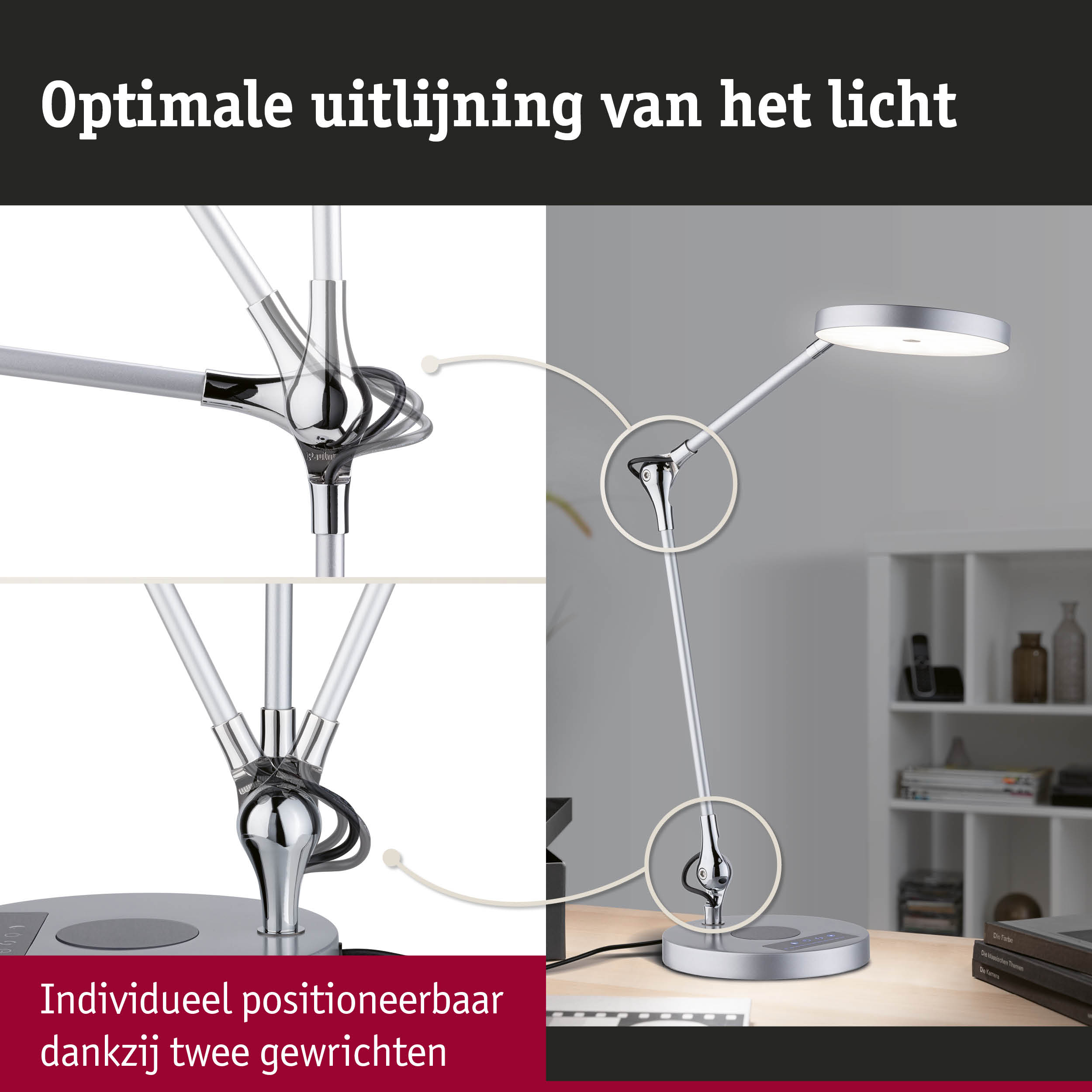Moderne zilveren LED-bureaulamp met verstelbare scharnier voor optimale lichtuitlijning