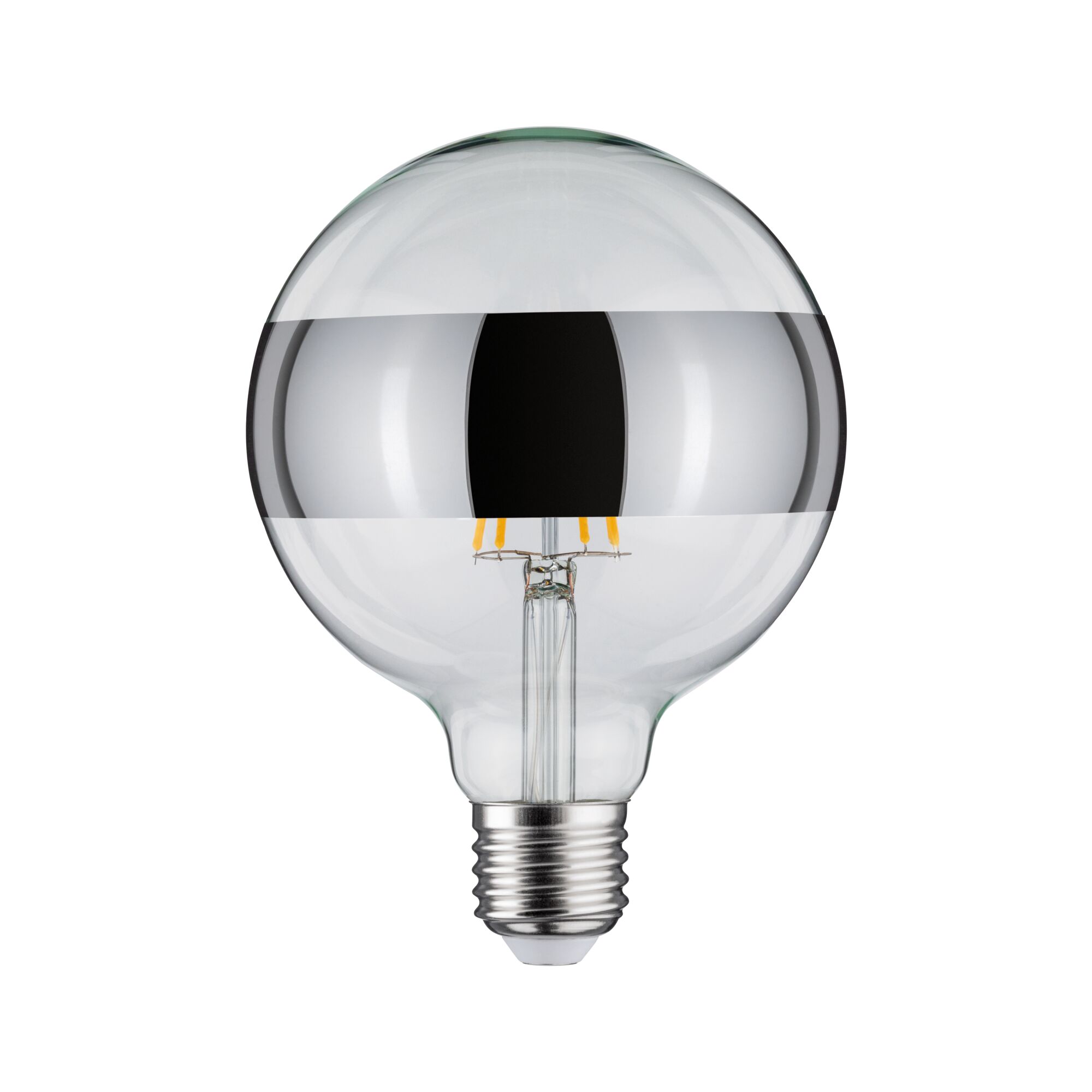 Clear glass bulb with silver mirror band and E27 base for decorative LED lighting and modern interior design