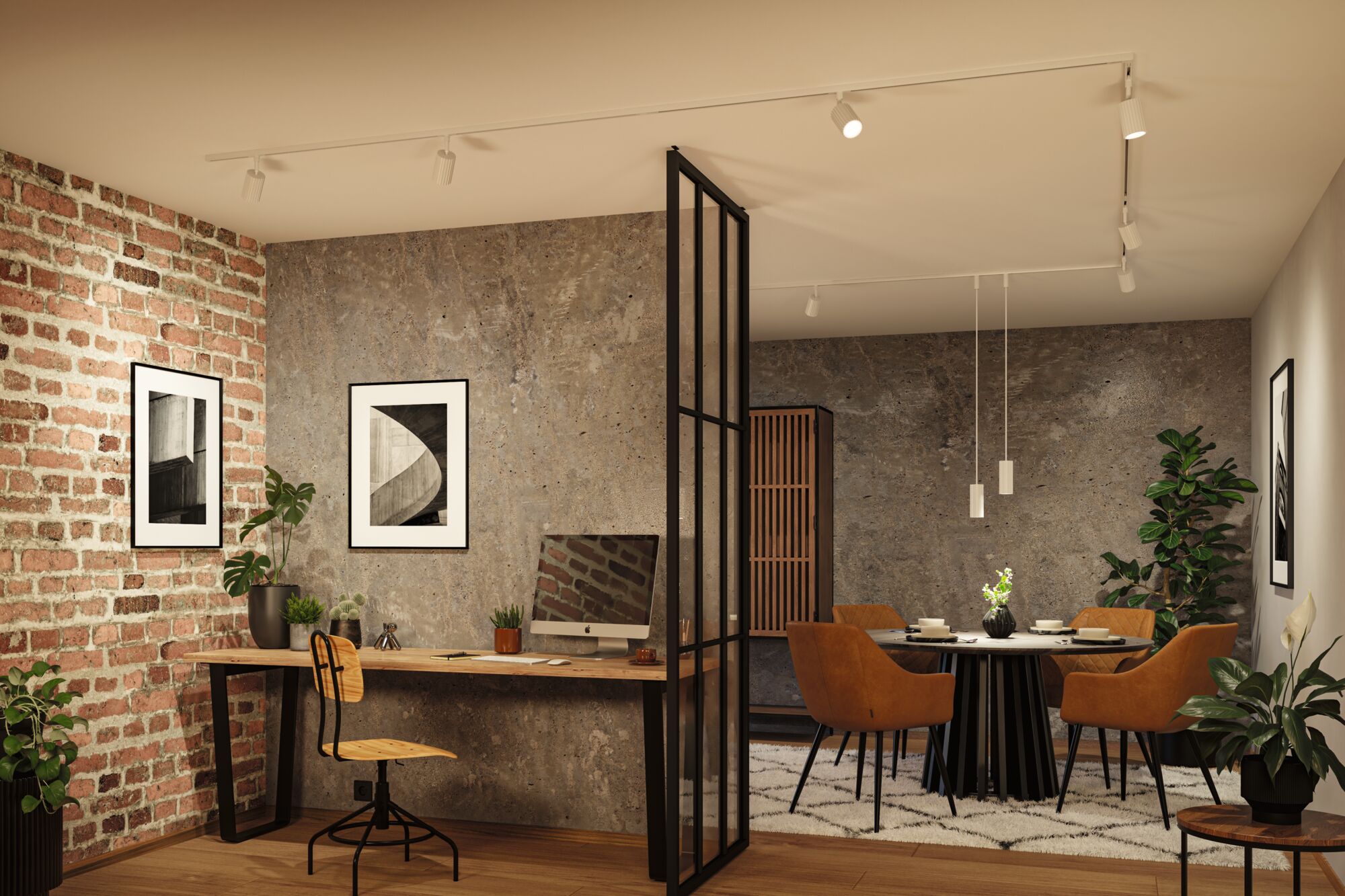 Modernes Wohnzimmer mit braunen Lederstühlen, schwarzem Esstisch und Holz-Schreibtisch mit Pflanzen