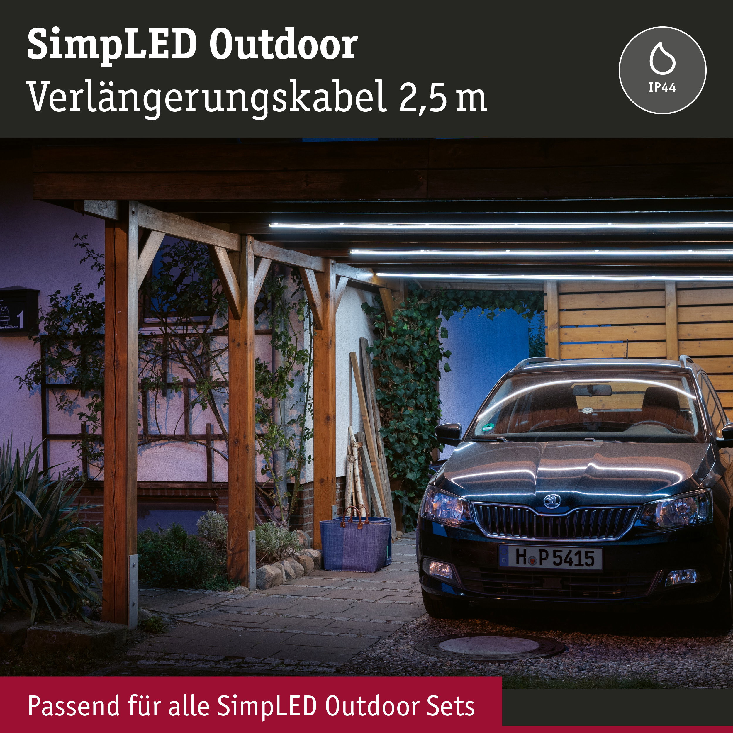 SimLED Outdoor Verlängerungskabel 2,5 m für wetterfeste LED-Beleuchtung im Carport mit Holzstruktur