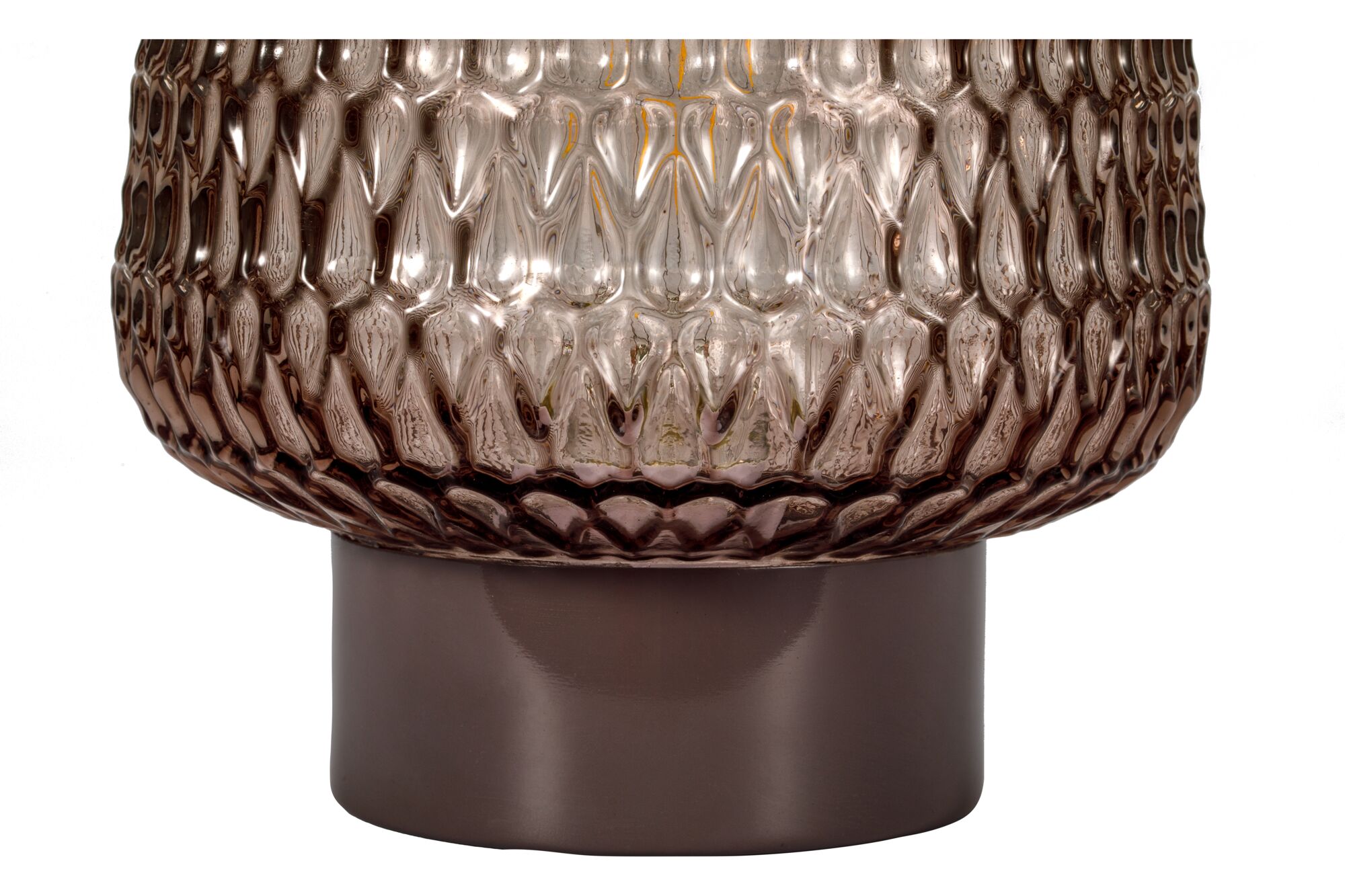 Close-up of brown textured glass lampshade with smooth brown metal base for interior lighting.