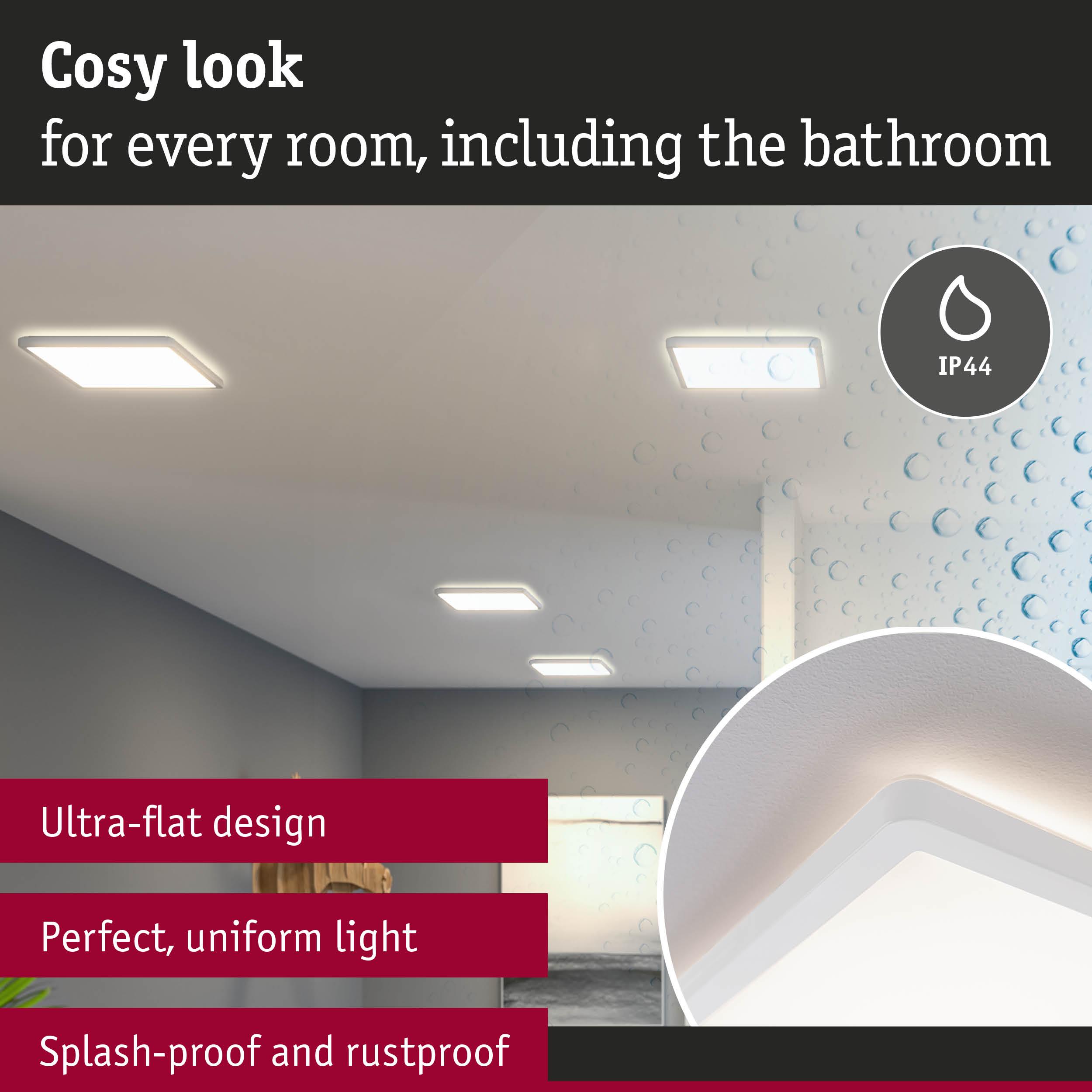 Ultra-flat white LED ceiling light with IP44 splash-proof rating for bathroom and living spaces