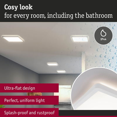 Ultra-flat white LED ceiling light with IP44 splash-proof rating for bathroom and living spaces