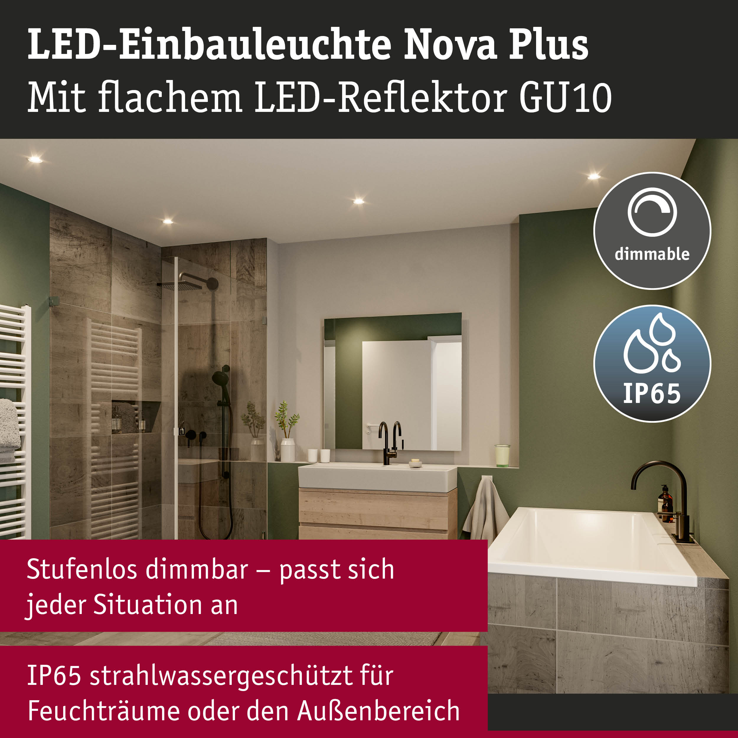 LED-Einbauleuchte Nova Plus in Weiß mit dimmbarem LED-Reflektor GU10, IP65 für Feuchträume