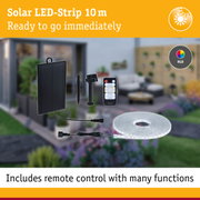 10 m solar LED strip with black solar panel, remote control and RGB color change for garden lighting