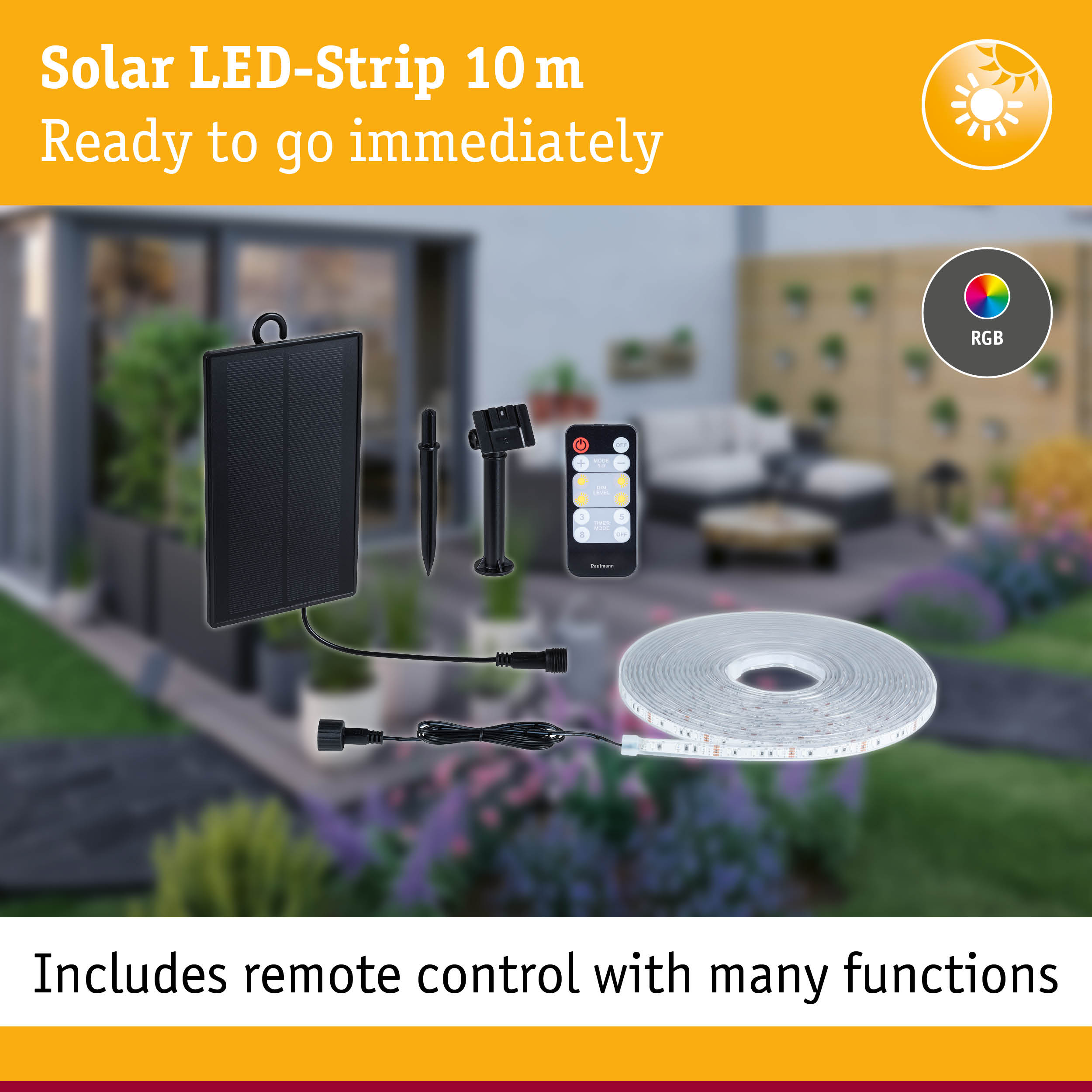 10 m solar LED strip with black solar panel, remote control and RGB color change for garden lighting