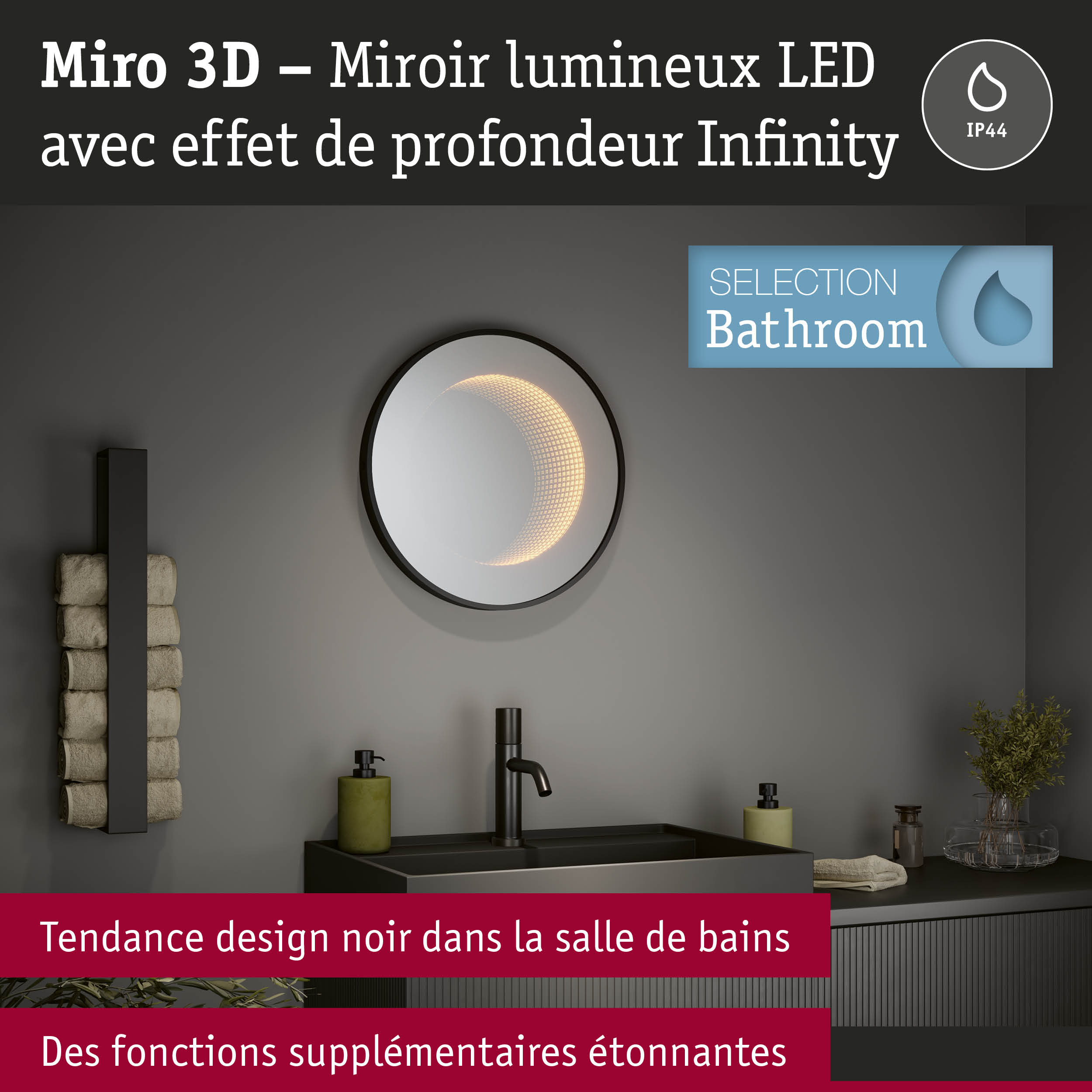 Miro 3D miroir lumineux LED rond avec effet de profondeur Infinity et cadre noir